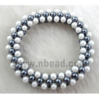 pearlized glass bracelet, stretchy, grey, white