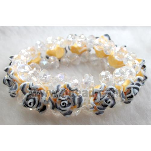 fimo clay bracelet with crystal glass, stretchy, yellow, black