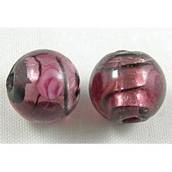 glass lampwork beads with silver foil, line, round, purple