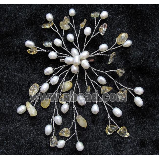 handmade brooch with freshwater pearl, citrine beads