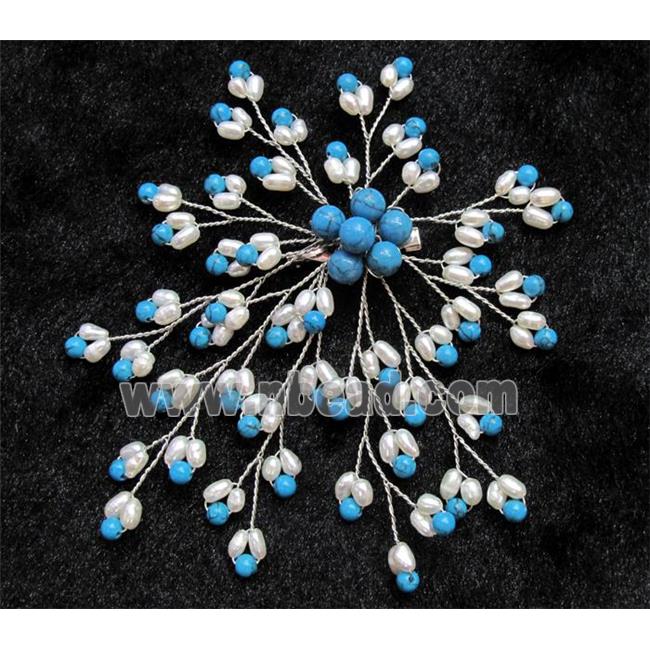 handmade brooch with freshwater pearl, turquoise beads