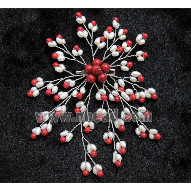 handmade brooch with freshwater pearl, red coral beads