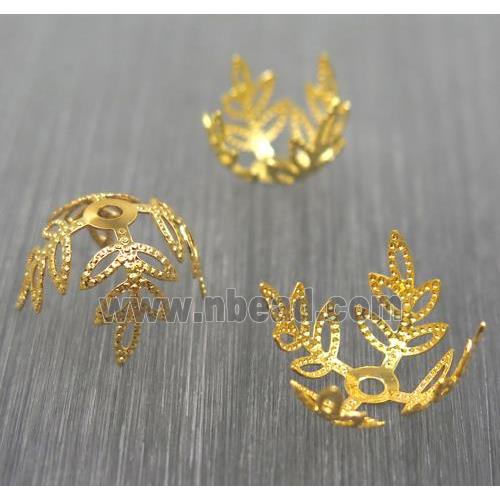 Brass beadcaps, four leaf, gold plated