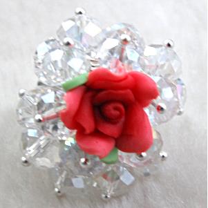 fimo clay ring with crystal glass, red