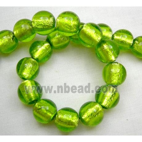 Round Green Lampwork Glass Beads with Silver Foil