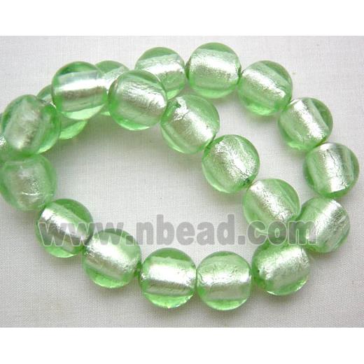 Lampwork Glass Beads with silver foil, round, lt.green