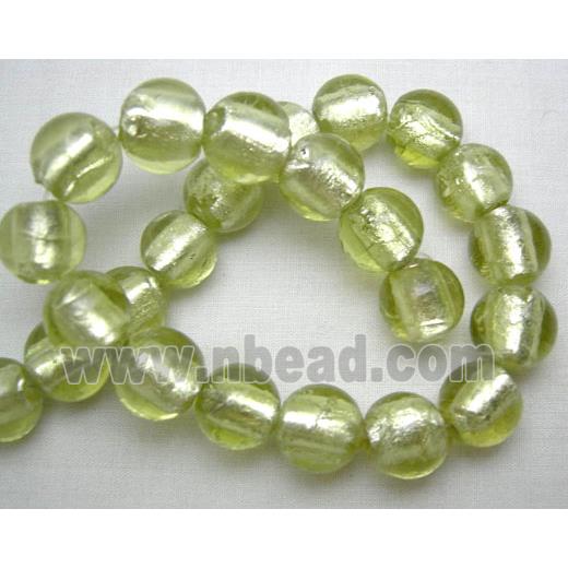 Lampwork Glass Beads with silver foil, round, lt.olive