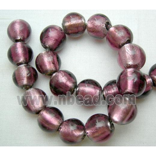 Lampwork Glass Beads with silver foil, round, purple