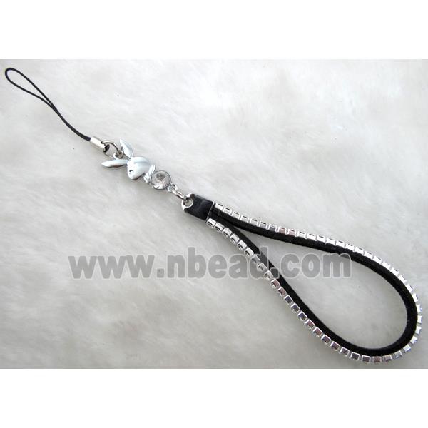 Mobile phone rope, String hanger, suede with 1 row rhinestone, mix