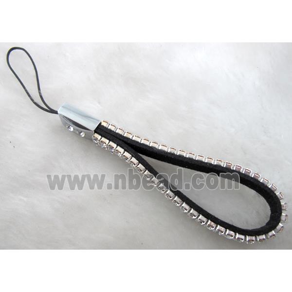 Mobile phone rope, String hanger, suede with 2 row rhinestone, mix