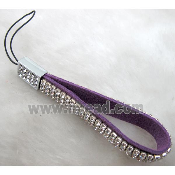 Mobile phone rope, String hanger, suede with 3 row rhinestone, mix