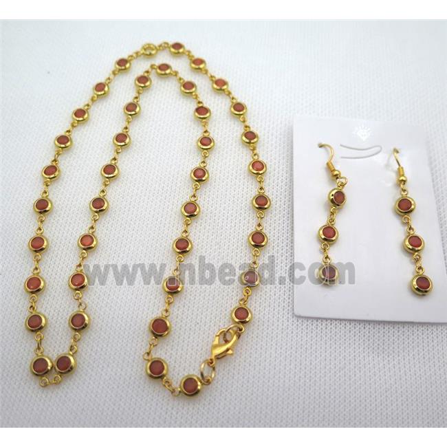 copper Jewelry Sets with orange zircon, gold plated