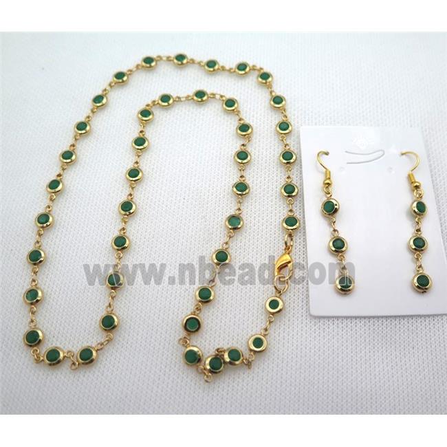 copper Jewelry Sets with green zircon, gold plated