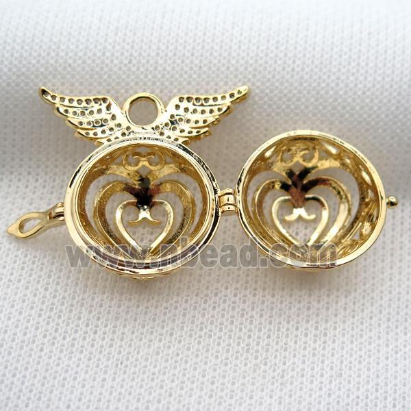 copper locket pendant pave zircon with angel wing, gold plated