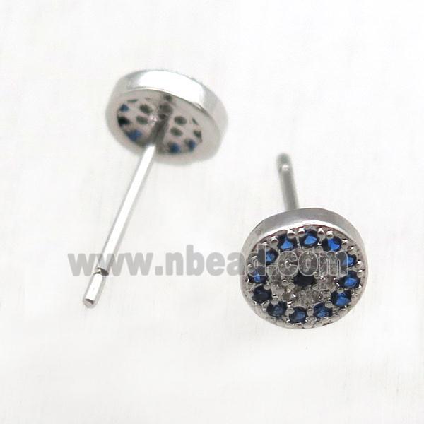 copper stud Earrings pave zircon, circle, platinum plated