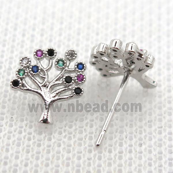 copper stud Earrings pave zircon, tree of life, platinum plated