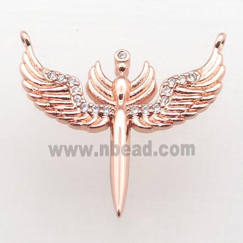 copper pendant pave zircon, angel wing, rose gold