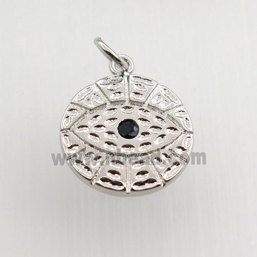 copper circle pendant paved zircon, eye, platinum plated