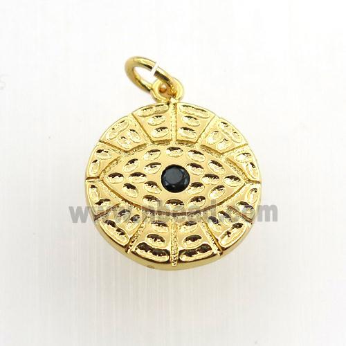 copper circle pendant paved zircon, eye, gold plated