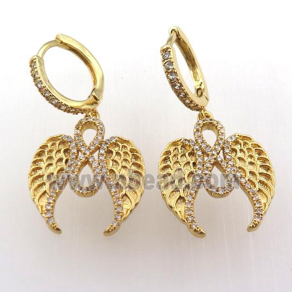 copper hoop earring pave zircon with angelwing, gold plated