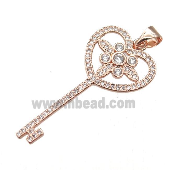 copper Key charm pendant pave zircon, rose gold