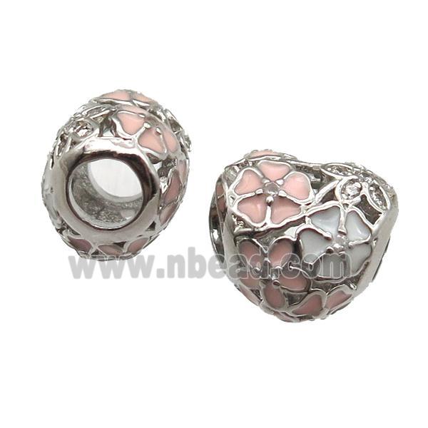 European Style copper heart beads, Enameling, platinum plated