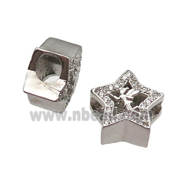 European Style copper star beads paved zircon, large hole, platinum plated