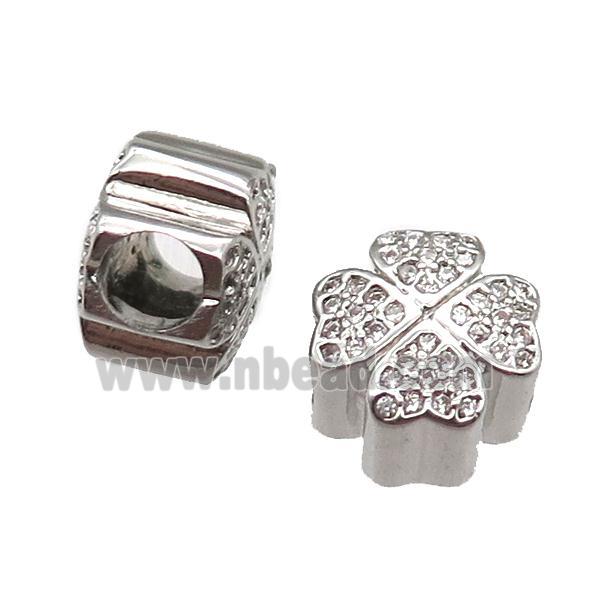 European Style copper clover beads paved zircon, platinum plated