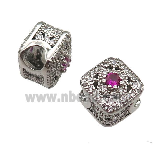 European Style copper square beads paved zircon, platinum plated
