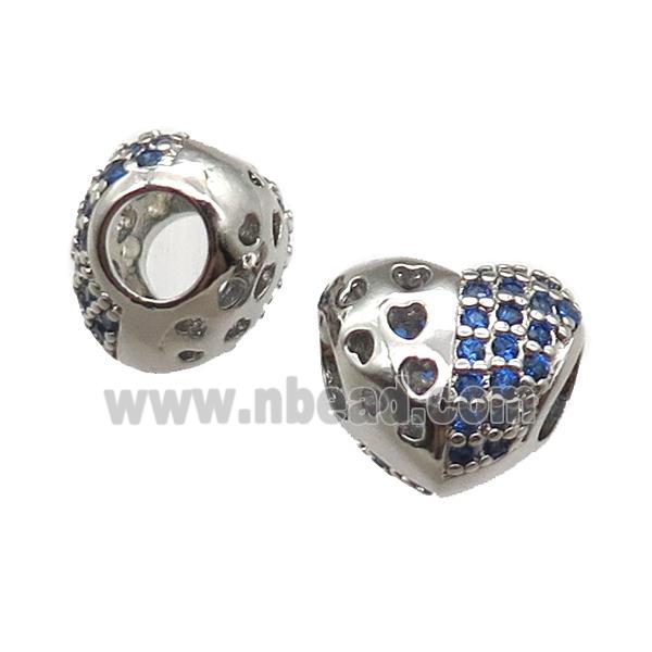 European Style copper heart beads paved zircon, platinum plated