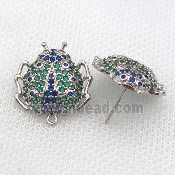 copper Studs Earring paved zircon, beetle, platinum plated