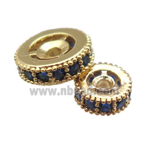 copper spacer beads paved blue zircon, heishi, gold plated
