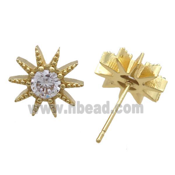 copper studs Earrings paved zircon, gold plated