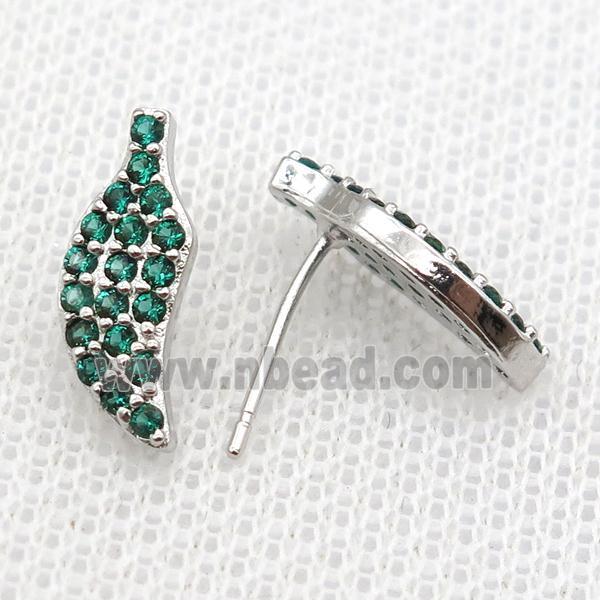 copper studs Earrings paved green zircon, platinum plated