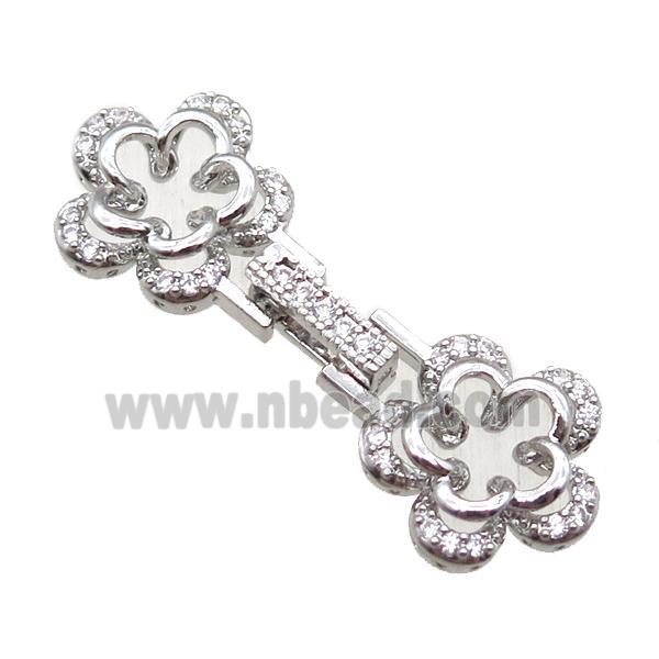 copper connector clasp paved zircon, flower, platinum plated