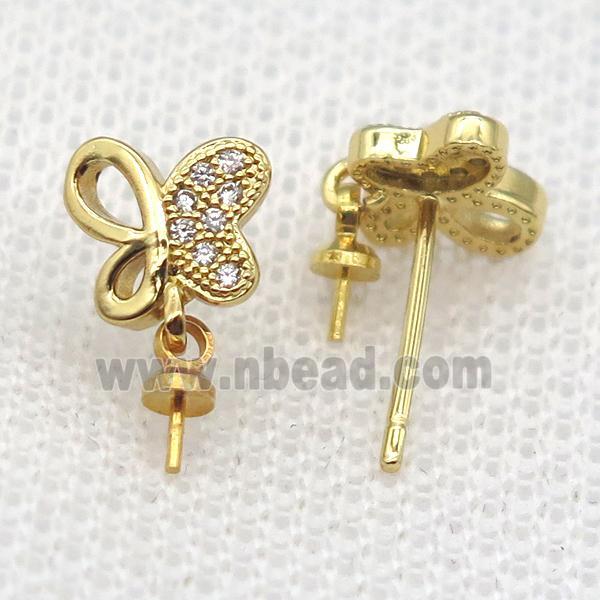 copper Stud Earrings paved zircon, butterfly, gold plated