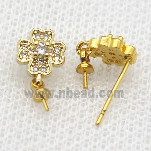 copper Stud Earrings paved zircon, clover, gold plated