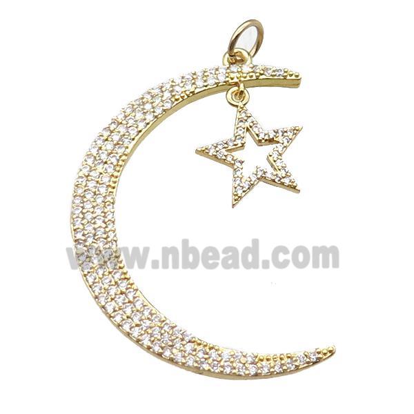 copper moon star pendant paved zircon, gold plated