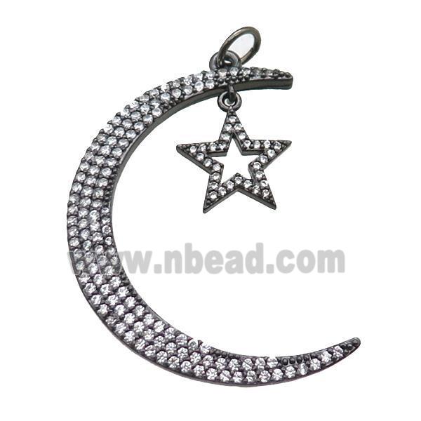 copper moon star pendant paved zircon, black gunmetal plated