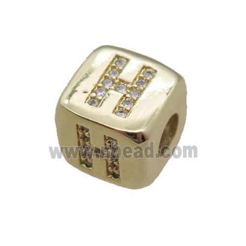 copper letter-H beads paved zircon, cube, gold plated