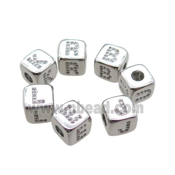 copper letter cube beads paved zircon, large hole, mixed alphabet, platinum plated
