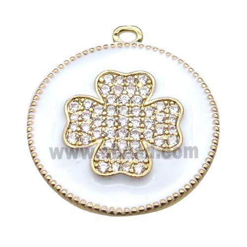 copper clover pendant pave zircon with white enameling, gold plated