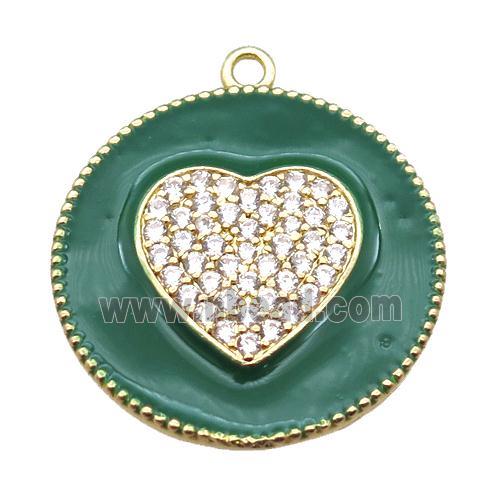 copper heart pendant pave zircon with green enameling, gold plated