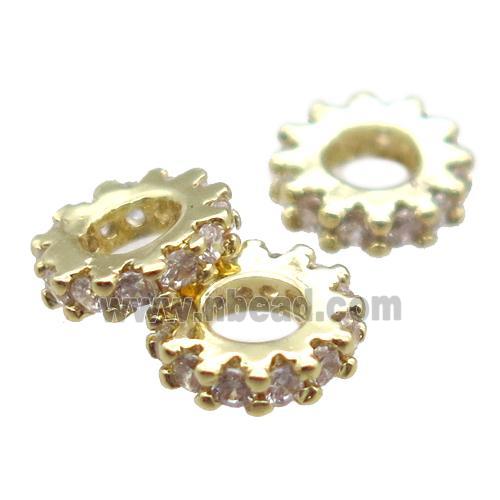 copper rondelle beads paved zircon, wheel, gold plated