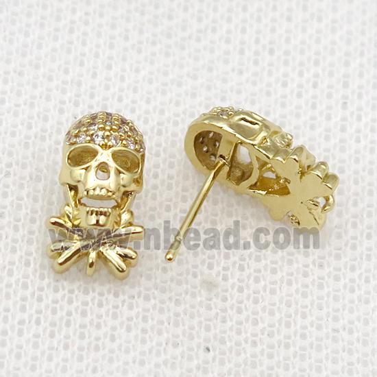 copper Studs Earrings paved zircon, skull, gold plated