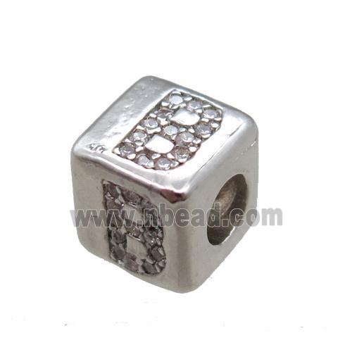 copper cube letter-B beads pave zircon, platinum plated