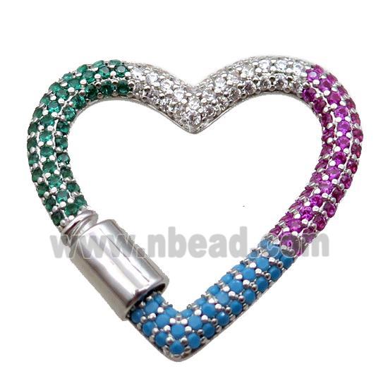 copper heart carabiner lock pendant paved zircon, screw, platinum plated