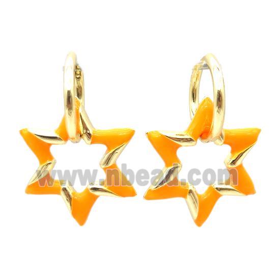 copper hoop Earring with orange enameling, star, gold plated