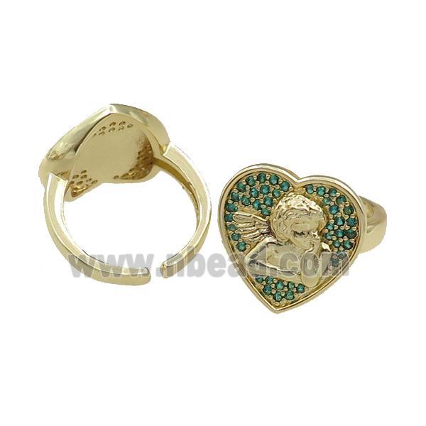 copper Rings pave green zircon, heart, adjustable, gold plated