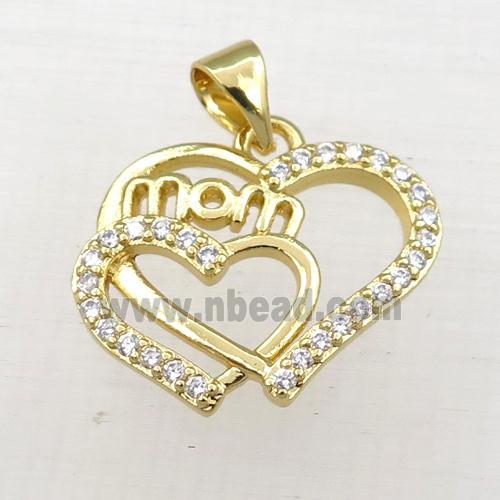 copper heart MOM pendant paved zircon, gold plated